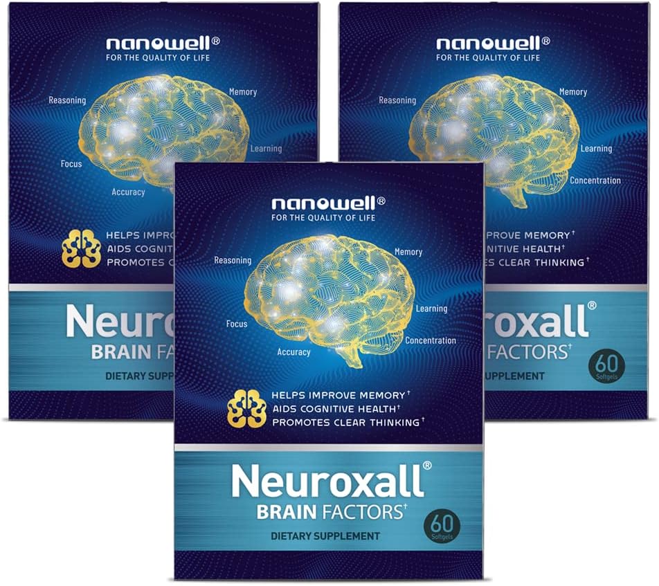 NANOWELL Neuroxall Brain Health Supplement for Enhanced Cognitive Function and Mental Clarity, Astaxanthine, Ginkgo Biloba Extract, Antioxidant - 60 Softgels X 3 Boxes for 3 Months (180 Count)