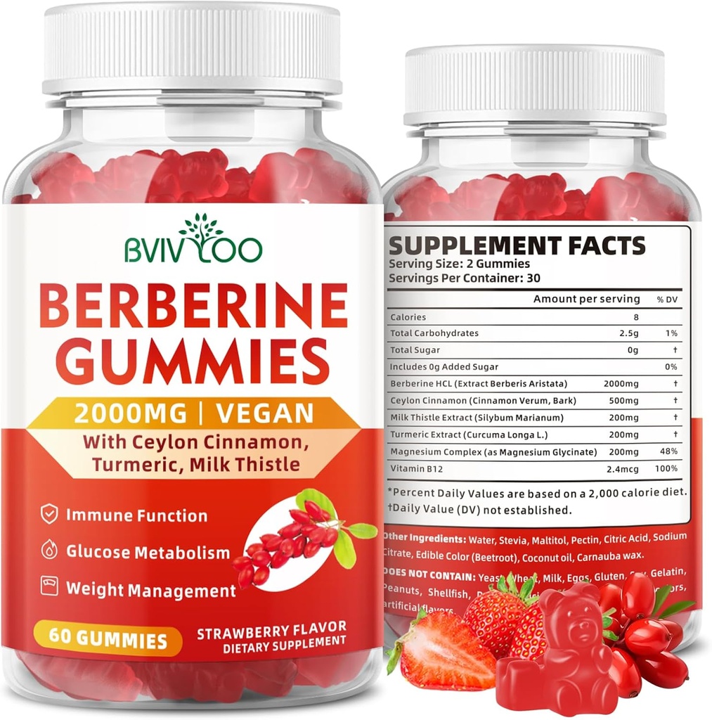 Berberine Gummies, Sugar Free 2000mg High Potency Berberine HCI Supplement, Plus Ceylon Cinnamon, Milk Thistle for Women & Men, Immuun System & Metabolisme Support - 60 Gummies