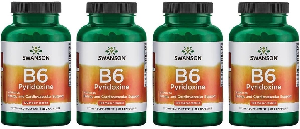 Swanson B6 Pyridoxine - Vitaminesupplement ter bevordering van de cardiovasculaire gezondheid en het energiemetabolisme - Natuurlijke formule ter bevordering van de algehele welzijn - (250 capsules, 100 mg elk) (4 verpakkingen)