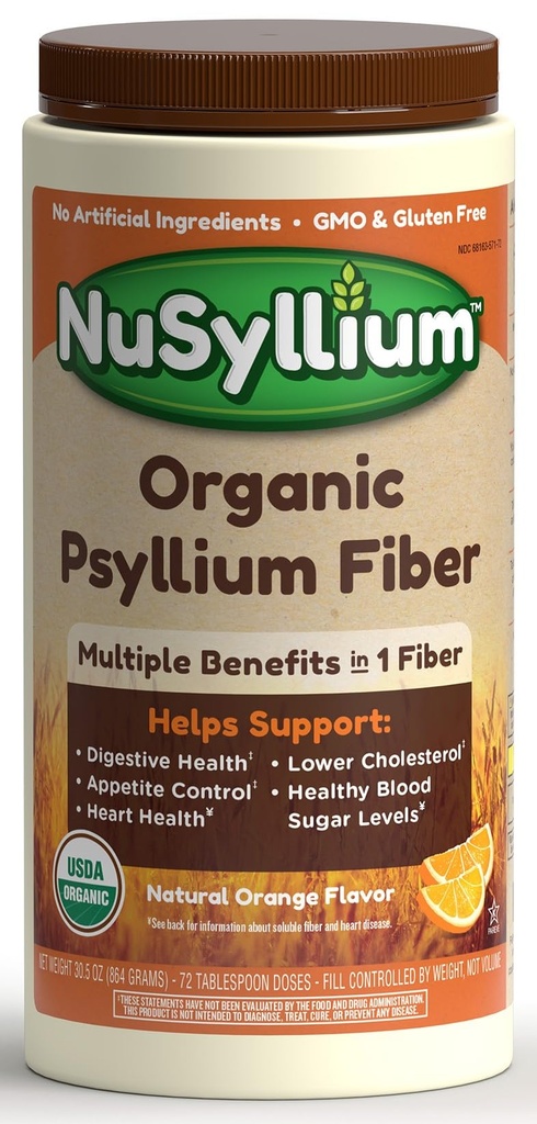 NuSyllium Psyllium Husk Powder, USDA Organic, 30,5 Oz, Dietary Fiber Supplement met bruine suiker, helpt spijsverteringsgezondheid* Natural Orange, 72 Servings