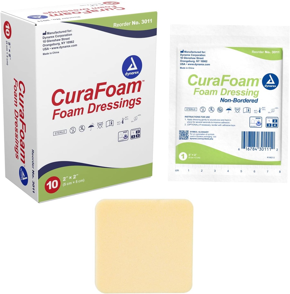 Dynarex 3011 CuraFoam Foam Dressing, Niet-Bordered, Steriel, Biedt Cushioned en Moist Wound Care, 2" x 2," Pack van 10