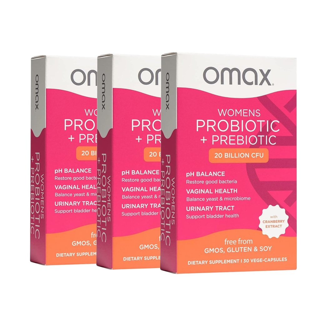 Omax3 Womens Probiotic + Prebiotic, Cranberry & Chicory Root, 20 Miljard CFU, 6 Klinisch bewezen strains, Vaginale pH, UTI, Bloating, (Verpakking mei Vary) 90 Vege Capsules (3 Dozen)