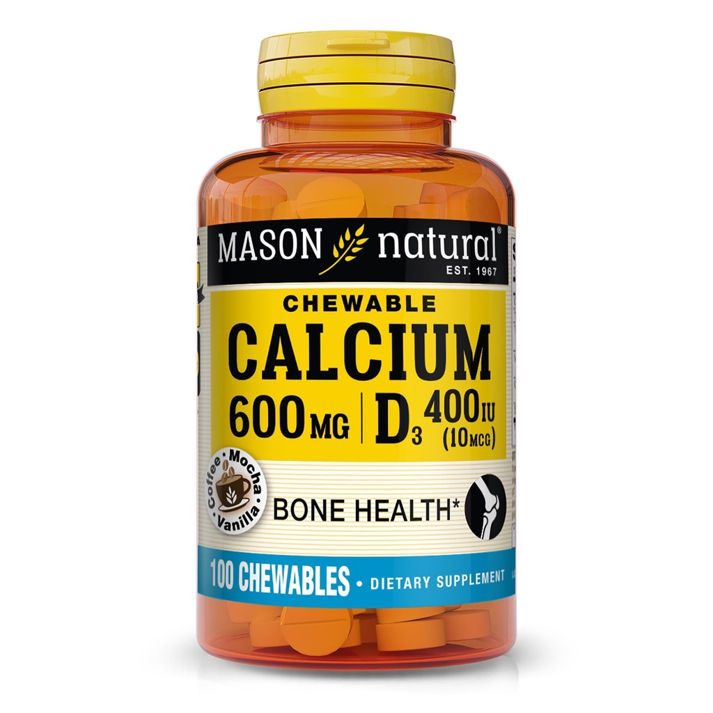 MASON NATUURLIJKE Calcium 600 mg met vitamine D3, 100 dagen levering, Ondersteunt gezonde botten en normale spierfunctie, Koffie Mokka smaak, 100 kauwtabletten