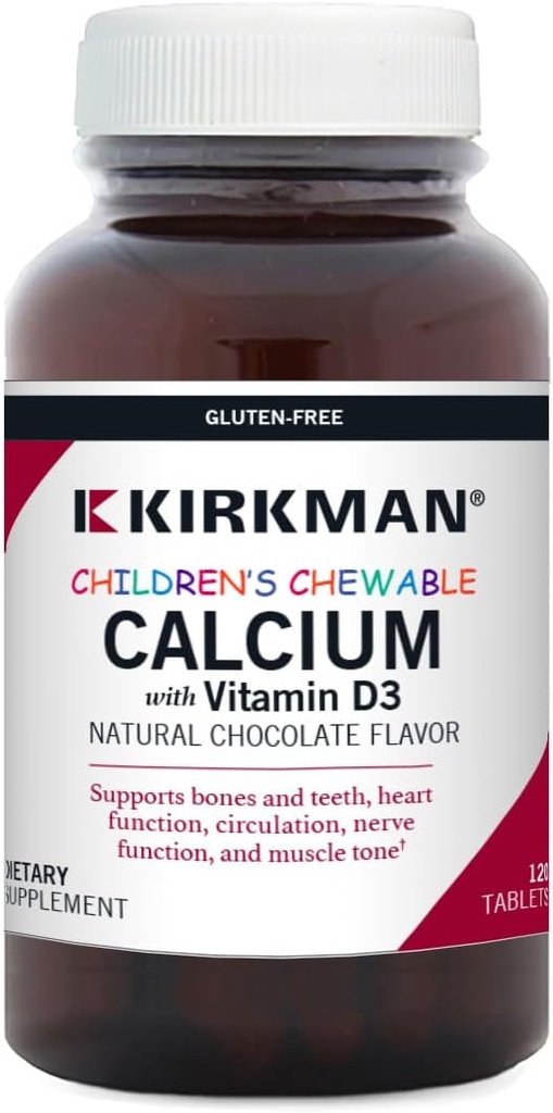 Kinderkauwbaar calcium met vitamine D3, natuurlijke chocolade, 120 tabletten, Kirkman Labs