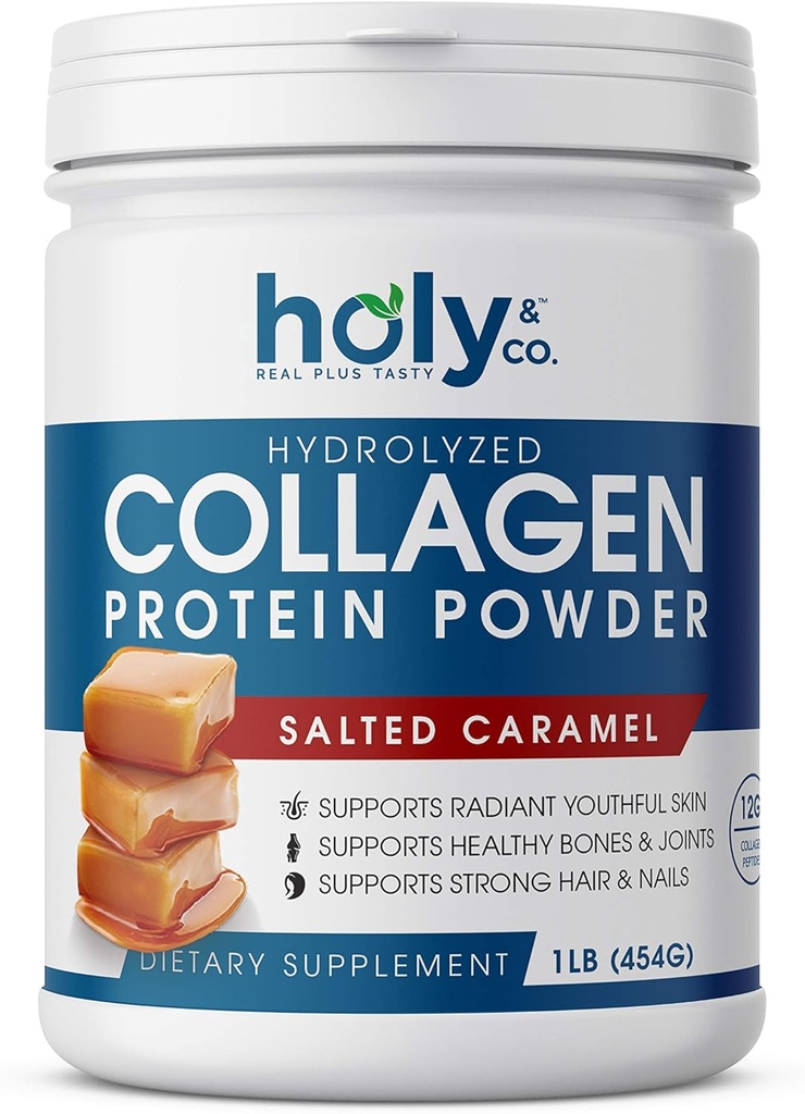 Holy and Co. Collageen Peptides Proteine Powder for Men and Women - Non-GMO, Keto/Paleo Friendly, Kosher & Gluten Free - Salted Caramel 16oz (1LB)