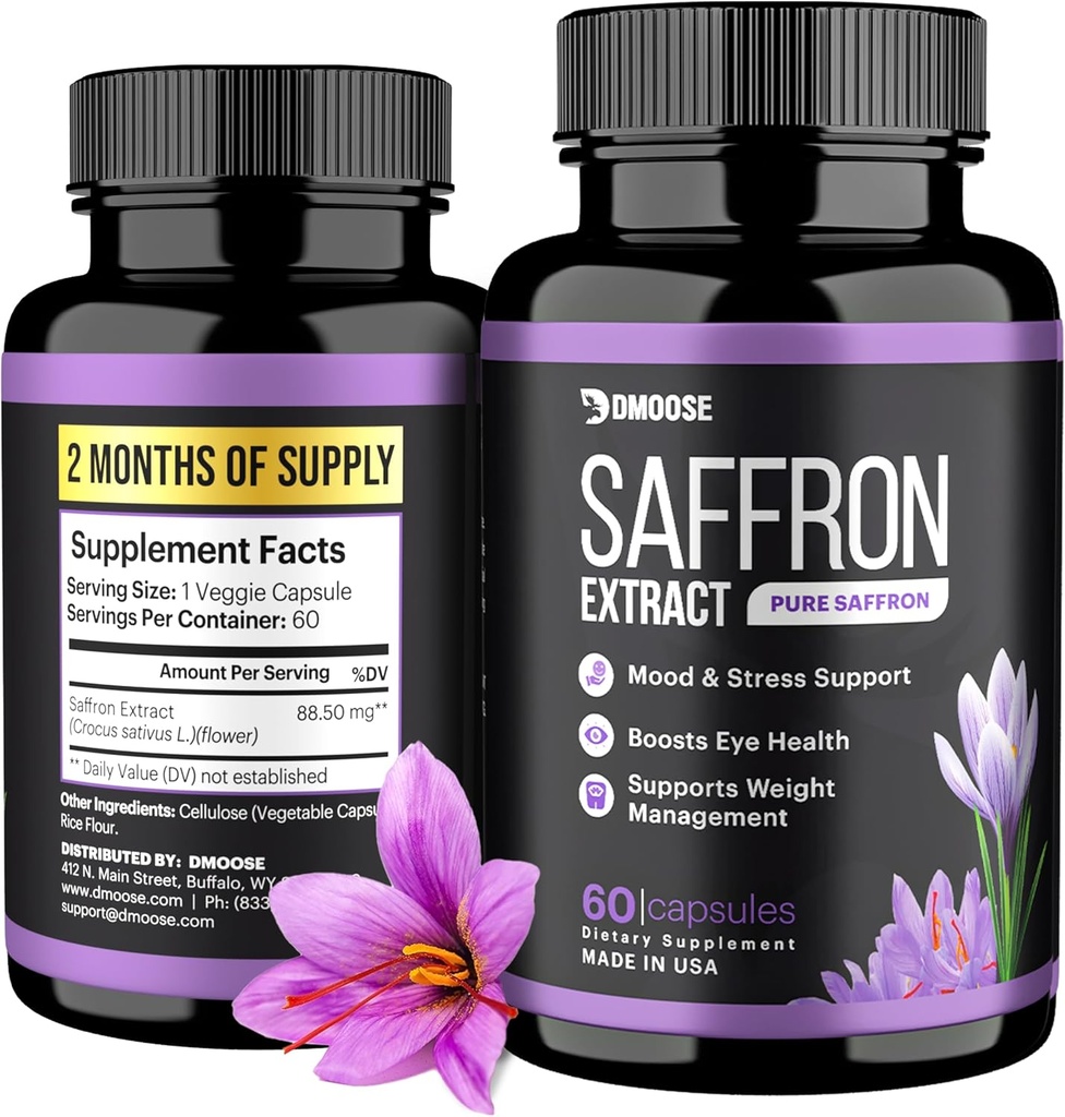 DMoose Saffron Extract (88,5 mg) - Verbeteren van energie, ondersteuning van gezondheid van ogen - Saffraansupplement voor mannen en vrouwen - 60 capsules (2 maanden dienen) (60 tellen)