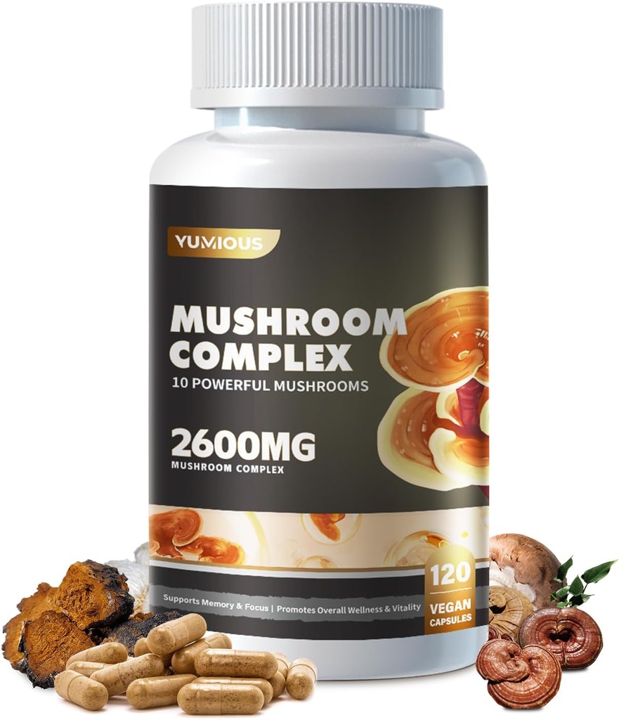 Mushroom Complex Supplement 2600mg, 120 Capsules - 10 Paddestoelen Blend - Reishi, leeuwen manen supplement capsules,Lions Mane, Cordyceps, Chaga, Turkije staart, Maitake, Shiitake, Oyster Nootropic Complex
