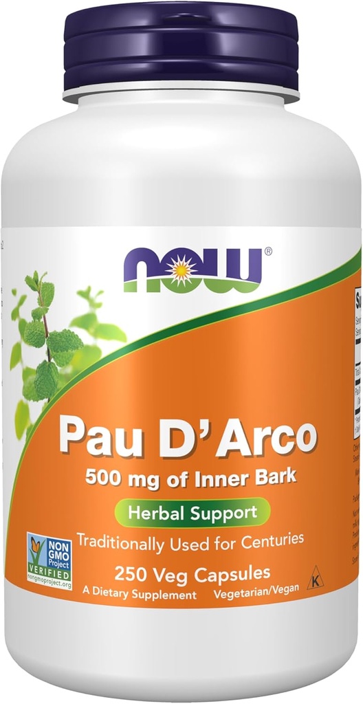 NOW Supplementen, Pau D'Arco (Tabebuia heptaphylla) 500 mg, Kruidenondersteuning, 250 Veg Capsules