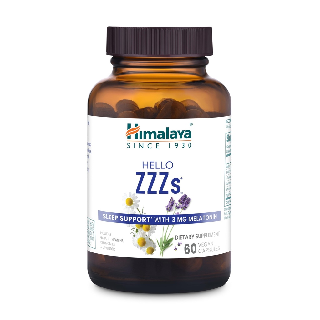 Himalaya Hallo ZZZs, 60 dagen levering - Herbal Sleep Supplement met Melatonine, GABA, L-Theanine, Lavendel, kamille en Citroen Balm - Vegan, Non-GMO, Glutenvrij, 60 capsules