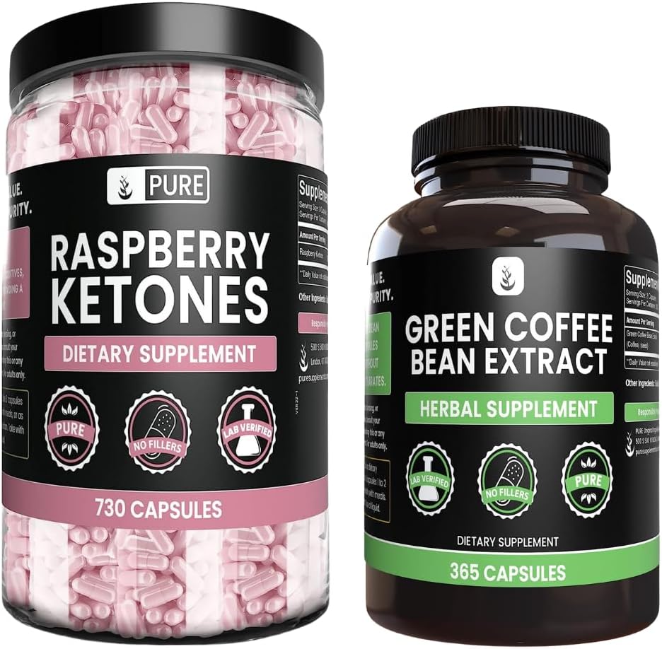 PURE ORIGINEEL INGREDIËNTEN Raspberry Keton en Green Coffee Bean Extract bundel, diverse maten, Geen Fillers, Lab geverifieerd
