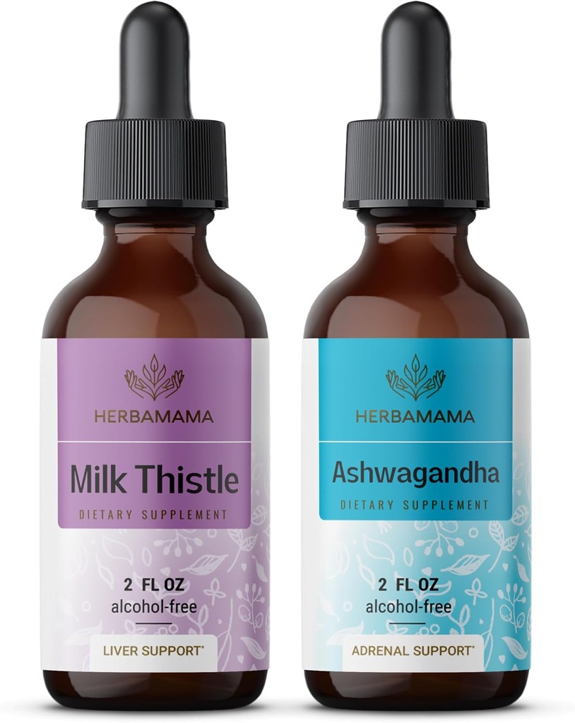 HERBAMAMA Herbal Liquid Drops Kit - Bundle of Milk Thistle Extract & Ashwagandha Root Tinctuur 2 fl oz - Vegan, Non-GMO, Sugar & Alcohol-Free - 2 Pack