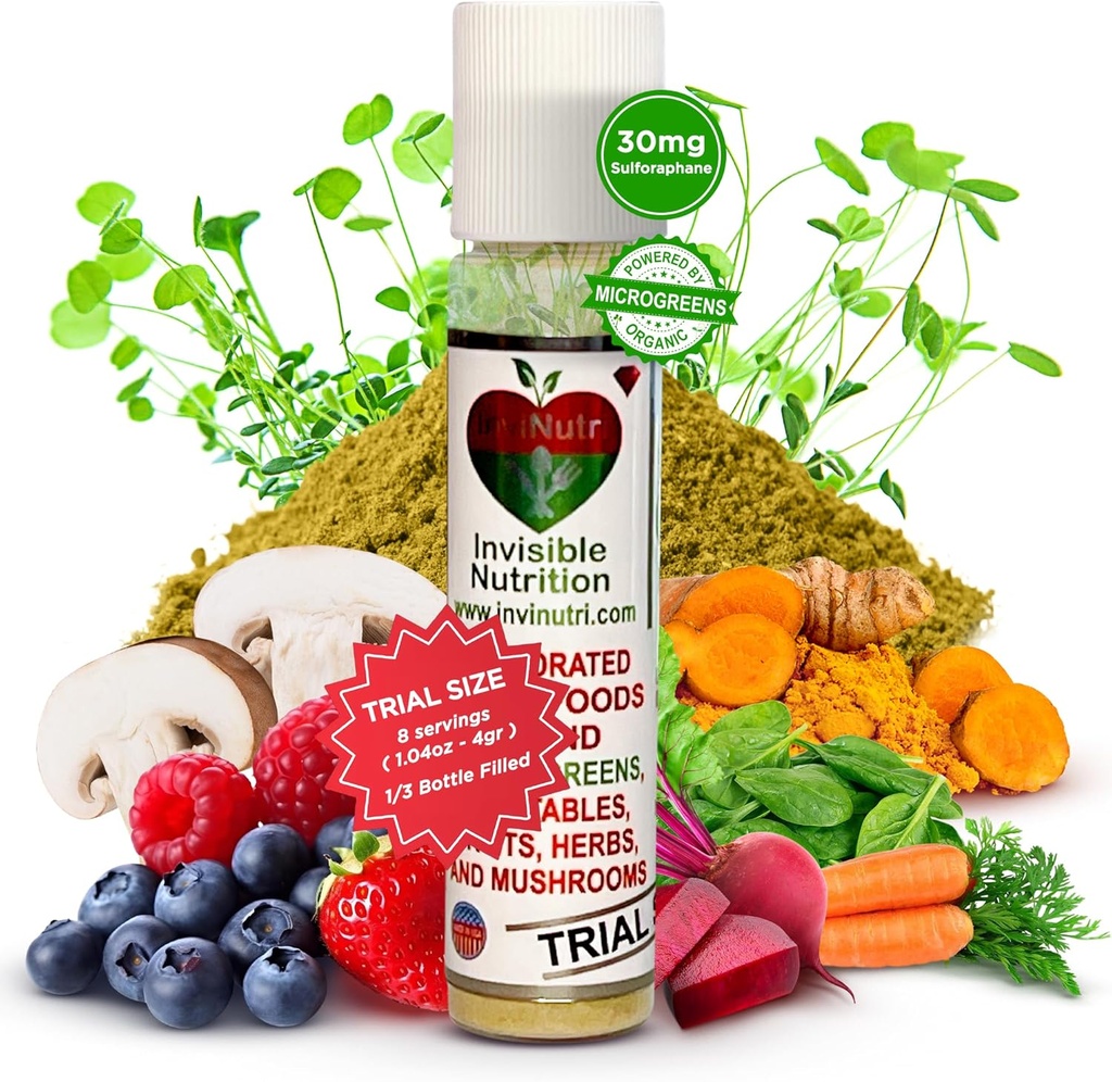 InviNutri Superfood Powder for Picky Eaters – Sensory-Friendly, 40x Nutrient-Rich, 30mg Sulforaphane – Organic Microgreens, Fruits & Veggies – Blends Invisibly Into Most Meals - Trial Portion