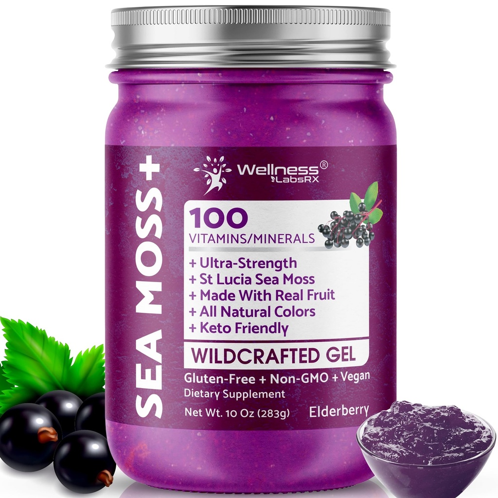 WELLNESS LABSRX Irish Sea Moss Gel Raw - Wildcrafted Superfood Seamoss Gel - Vlierbessensmaak, Vitamine en Mineral-Rich van Pristine Caribbean Waters, Immune en Digestive Health Ondersteuning - 10 oz.