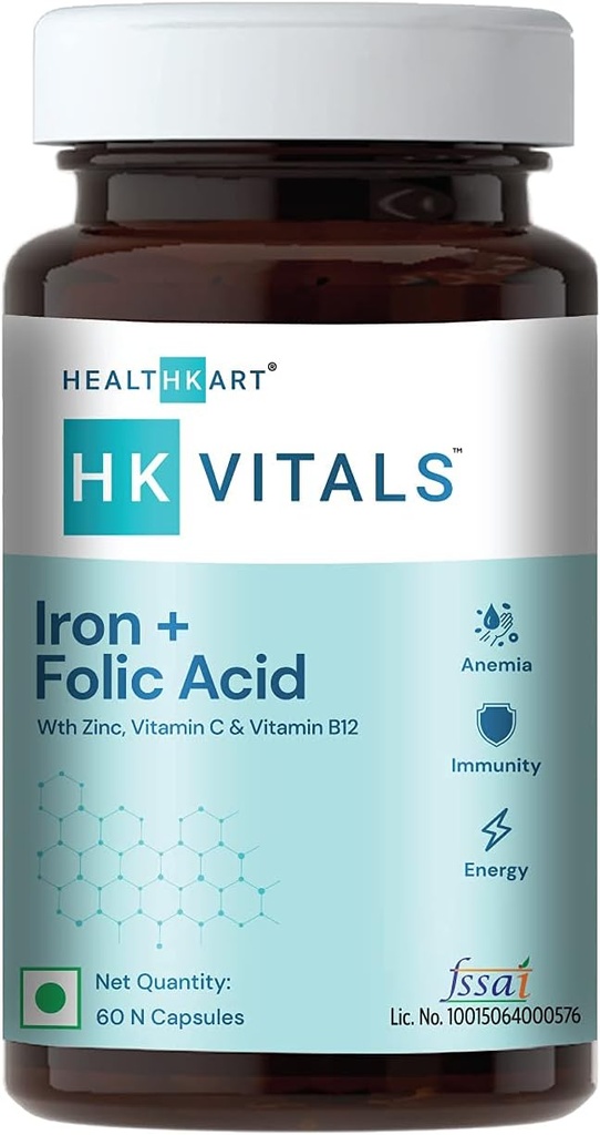 Health k Iron + Folic Acid Supplement, with Zinc, Vitamin C & Vitamin B12, Supports Blood Building, Immunity and Energy, 60 Iron Folic Acid Capsules