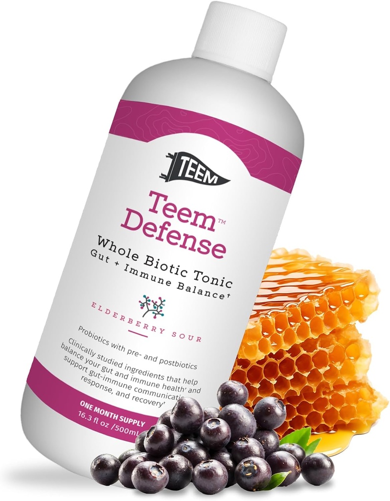 Teem Defense Liquid Probiotic with Elderberry, Whole Biotic Tonic for Digestion & Immunity, Prebiotic Probiotic & Postbiotic Supplement for Kids and Adults, 30 Day Supply 