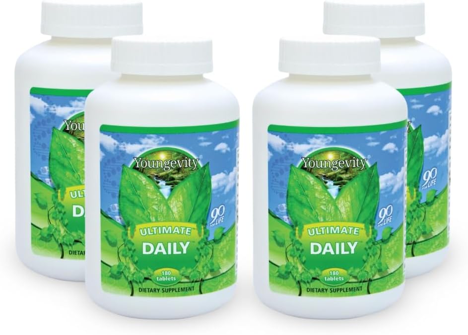 Youngevity Ultimate Daily Mega Multivitamine - 20+ Vitaminen en Mineralen w/ CoQ10 - Vitaminen A, C, D, E, Zink, Folaat, Selenium, Calcium, Chroom en Meer - Hoge Absorptie 180 Tabletten (verpakking van 4)