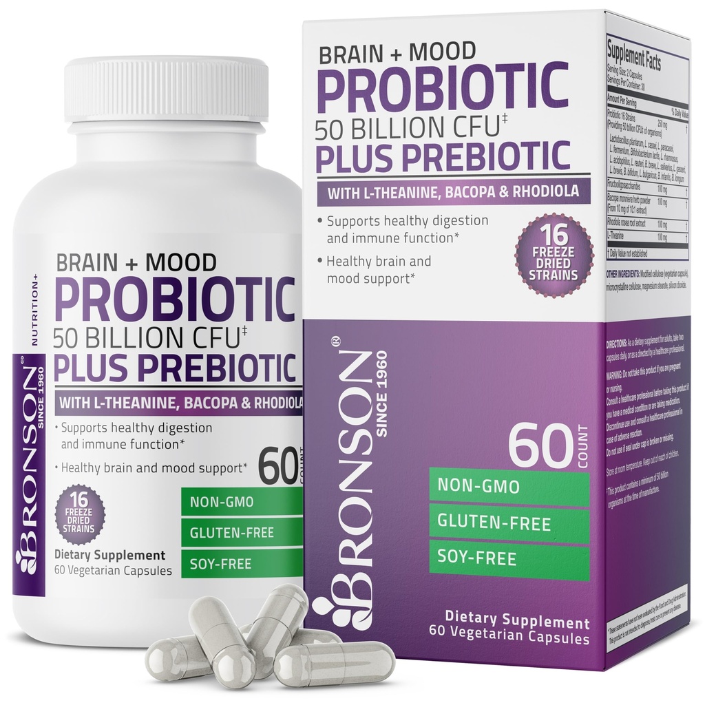 Bronson Brain + Mood Probiotic 50 Miljard CFU Plus Prebiotic met L-Theanine, Bacopa en Rhodiola Non-GMO, 60 Vegetarische Capsules