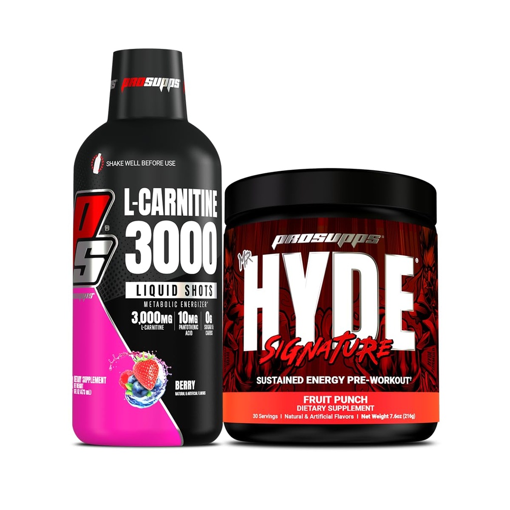 PROSUPPS L-Carnitine 3000 Stimulant Gratis Liquid Shots (Berry) en Mr Hyde Signature Series Pre-Workout Energy Powdered Drink (Fruit Punch) Bundel