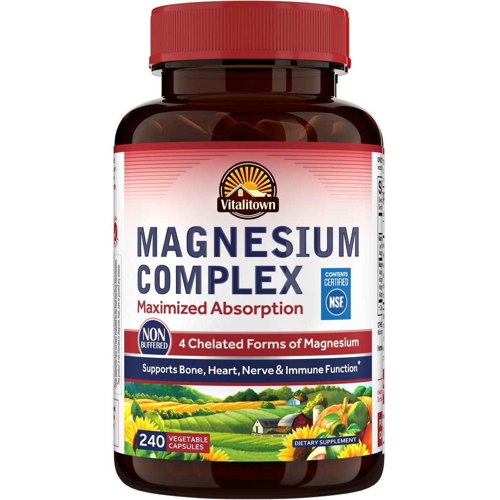 Vitalitown Magnesium Complex Supplement 500mg - NSF Certified Magnesium Glycinate, Malate, Taurate & Citrate - Chelated High Absorption & Gentle on Stomach - Vegan Non-GMO 240 Capsules