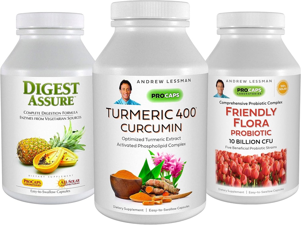 ANDREW LESSMAN 3 Product Digestive Bundle - 30 Capsules Elk van Kurkuma 400 Curcumin, Digest Assure & Ultimate Friendly Flora. Ondersteuning en verbetering van gezonde spijsverteringsprocessen.