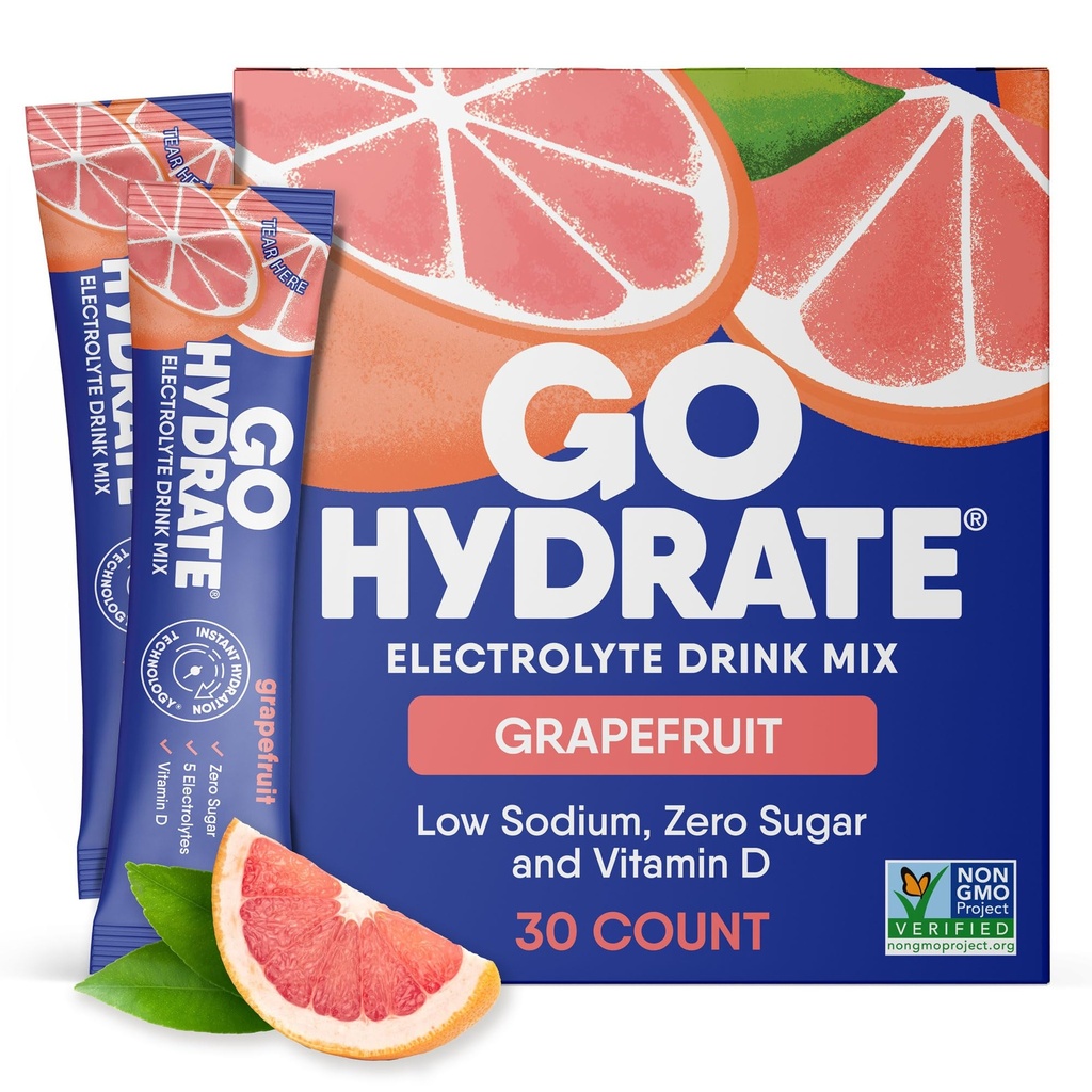 GoHydrate Low Sodium Electrolytes Powder Packets Sugar Free - Instant Hydration Dagelijkse Drink Mix - Zero Sugar Water smaak Packet Singles met Vitamine D - (Grapefruit, 30 Packs)