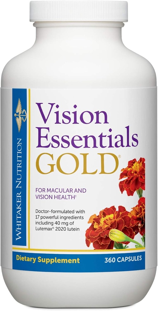 Dr. Whitaker Vision Essentials Gold - Eye Health Supplement met 40 mg Lutein Plus Vitamine A & Zeaxanthine - Ondersteunt Macula Health and Shields Eyes Against Blue Light Exposure (360 capsules)