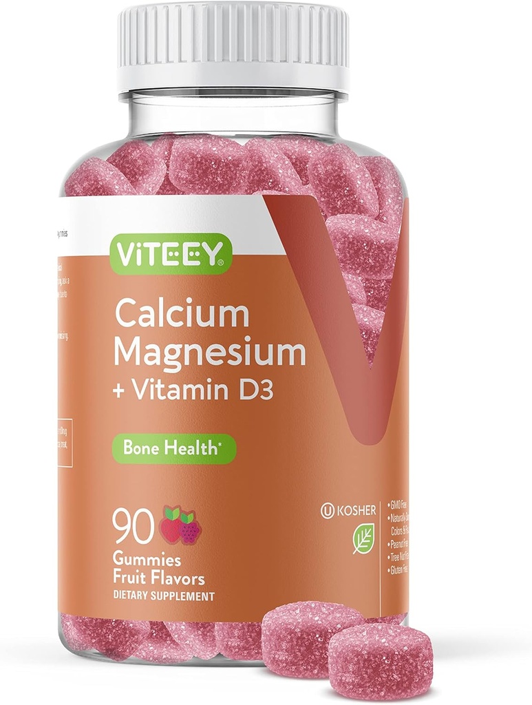 Viteey Calcium Gummies met Vitamine D3 en Magnesium Supplement voor Bone Health - Kauwbare Calcium Supplementen voor vrouwen en mannen - Glutenvrije, Non-GMO - 90 Tel.