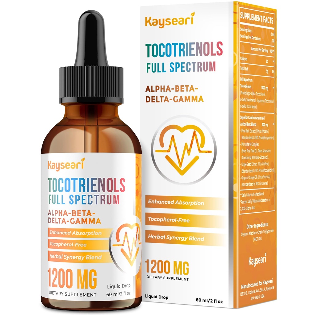 Volledig spectrum van tocotriënolen Supplement 1200mg- Tocotriënol Vitamine E Liquid,Tocoferol-Free - Superior Antioxidant Blend - Hogere Absorptie - 2 fl oz,30 Servers