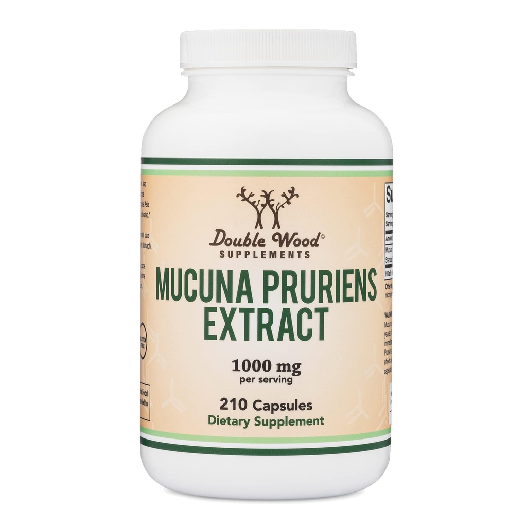 Mucuna Pruriens Extract Capsules - Dopamine Boosting Supplement - 210 Tel, 1000mg Per Serving, 20% (van Velvet Bean) (voor Mood en Motivatie Ondersteuning) Derde partij Getest door Dubbel Hout