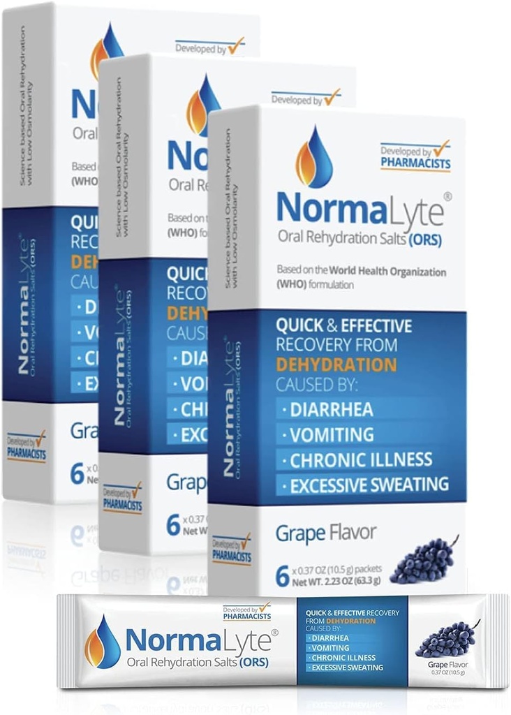 NormaLyte Orale Rehydratatie Zouten-18 Sticks Packs (Yields 500ml per Pack) -Grape's Energy Supplements, Kalium Supplement, Dehydratatie Herstel en Snelle Absorptie