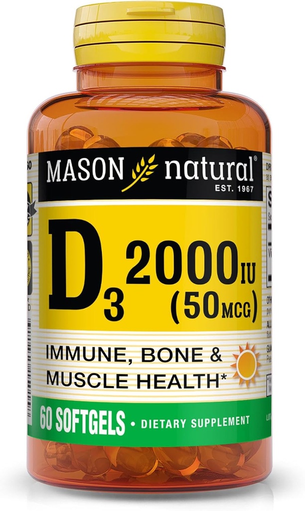 MASON NATUURLIJKE Vitamine D3 2.000 IE Ultra sterkte, ondersteunt botdichtheid, sterkte & Immune Health, 60 Softgels
