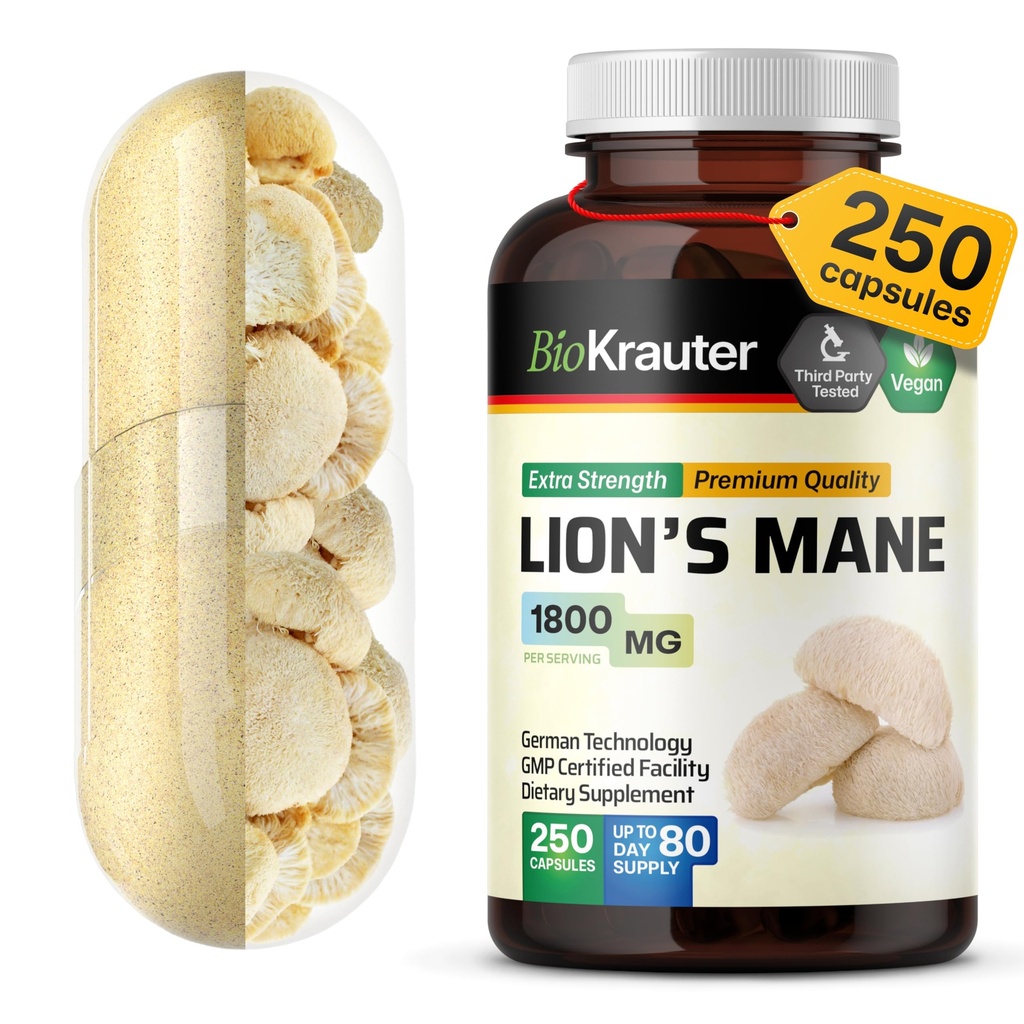 BIO KRAUTER Lions Mane supplement Capsules 1800 mg - 250 Tel - Vegan Lions Mane Powder Supplement for Brain Support - 3 Month Supply - No Fillers