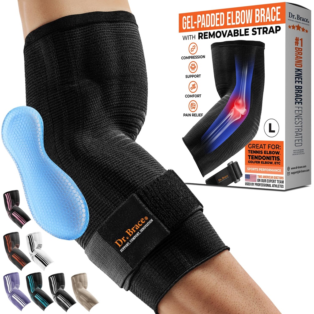 DR. BRACE® Elite Elleboog Brace Support, ademende elleboogcompressie Mouw met Gel Pad voor Golfer's, Tenniselleboog & Tendonitis behandeling & pijnverlichting 2024 (zwart, groot)