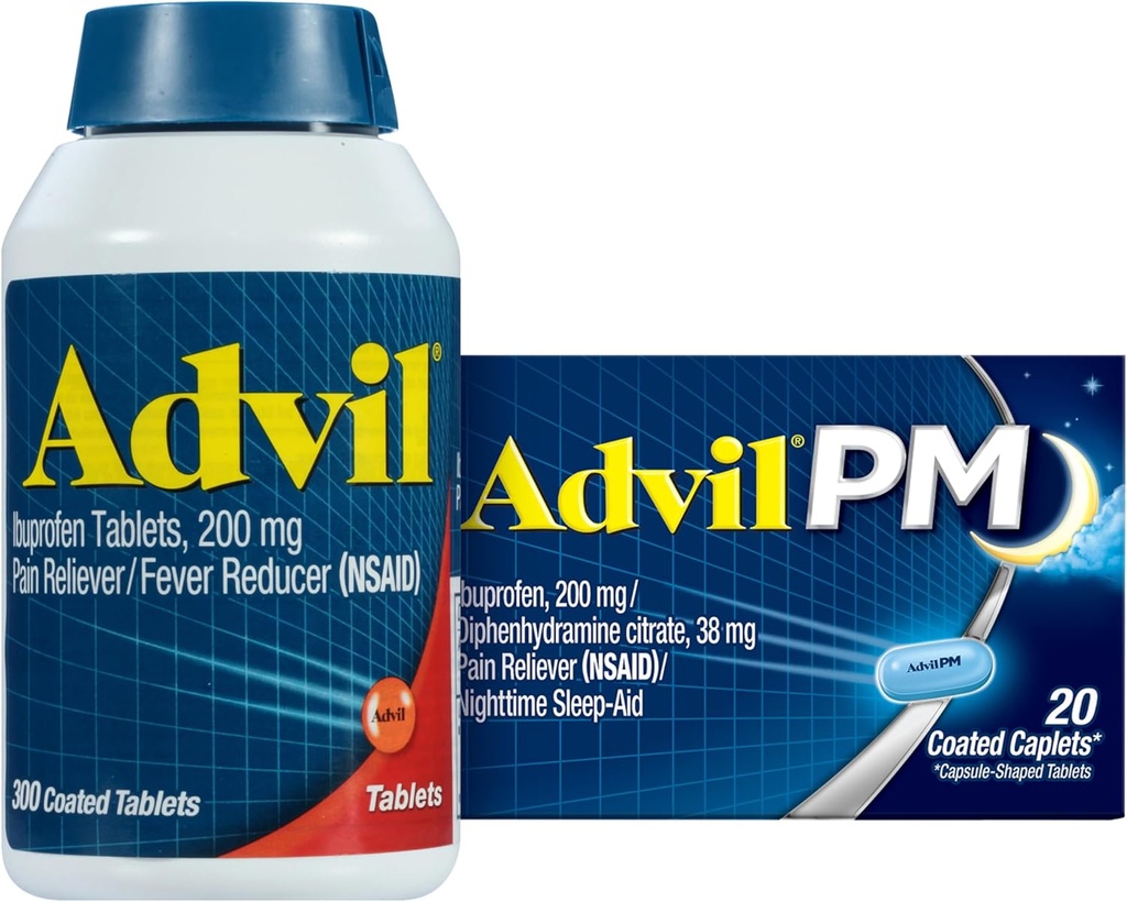 Advil Pain Reliver and Fever Reducer, Ibuprofen 200mg for Pain Relief - 300 Tel, Advil PM Pain Reliever and Nighttime Slaaphulp, Ibuprofen for Pain Relief and Difenhydramine Citrate - 20 Tellen