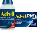 Advil Pain Reliver and Fever Reducer, Ibuprofen 200mg for Pain Relief - 300 Tel, Advil PM Pain Reliever and Nighttime Slaaphulp, Ibuprofen for Pain Relief and Difenhydramine Citrate - 20 Tellen