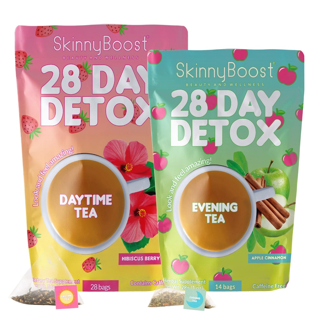 SkinnyBoost 28 Day Detox Tea Kit-1 Daytime Hibiscus (28 Bags) 1 Avond Apple Kaneel(14 Bags) Niet GGO, Veganistisch, Alle natuurlijke, groene thee en kruidenthee voor natuurlijke detox en reiniging, verminderen Bloating