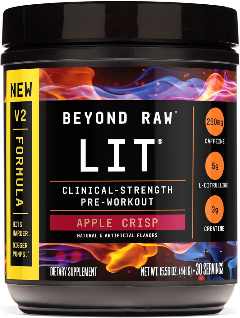 BEYOND RAW LIT V2 Clinical Strength Pre Workout Powder, Hits Harder, Grotere Pumps, Cafeïne, L-Citrulline, Creatine, Apple Crisp, 30 porties