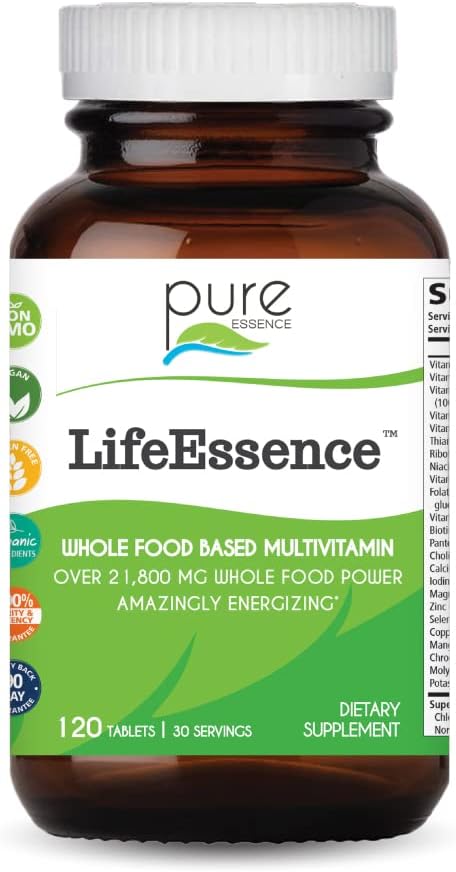 PURE ESSENCE LABS LifeEssence Multivitamine voor vrouwen en mannen - Natural Herbal Supplement - Vitamine D, Vitamine D3, Vitamine B12, Biotine met hele voedingsmiddelen (120 tabletten)