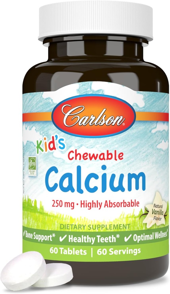 Carlson - Kauwbare calcium, 250 mg, Zeer absorbeerbaar, Bone & Teeth Support, Optimale Wellness, Natuurlijke Vanille Smaak, 60 tabletten
