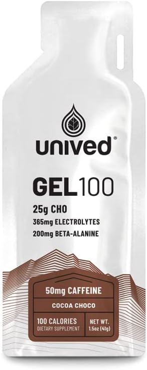 Unived Gel 100 - Vegan Energy Gel for Endurance Atleten Runners & Cyclists - 100kcal - Cocoa Choco - 50mg Cafeine - Pack of 6
