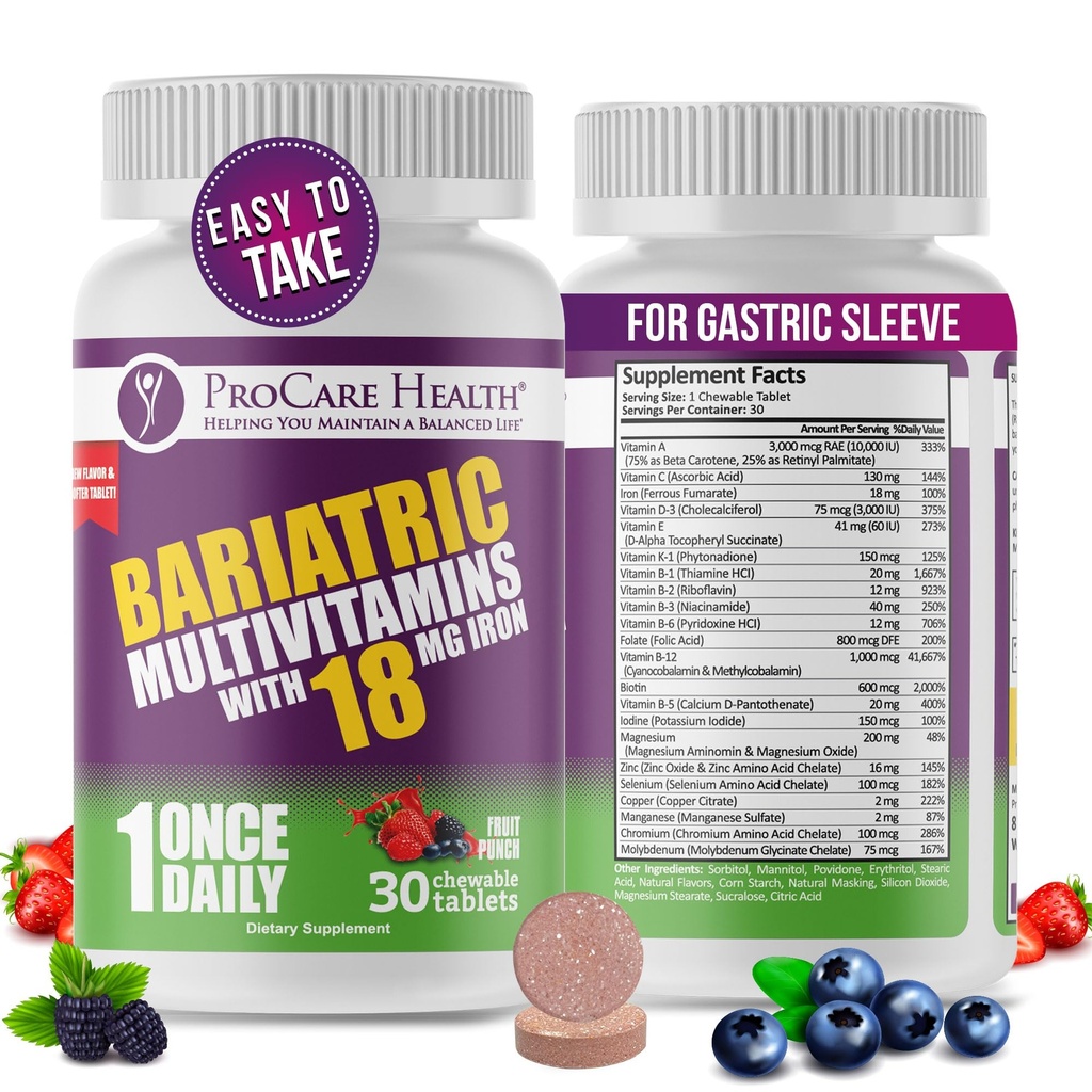 ProCare Health Bariatric Chewable Multivitamine met ijzer 18mg (30 tabletten) - Fruit Punch Flavor Bariatric Multivitamine Kauwbaar voor Gastric Bypass & Sleeve Gastrectomie Patiënten* (1 maand levering)