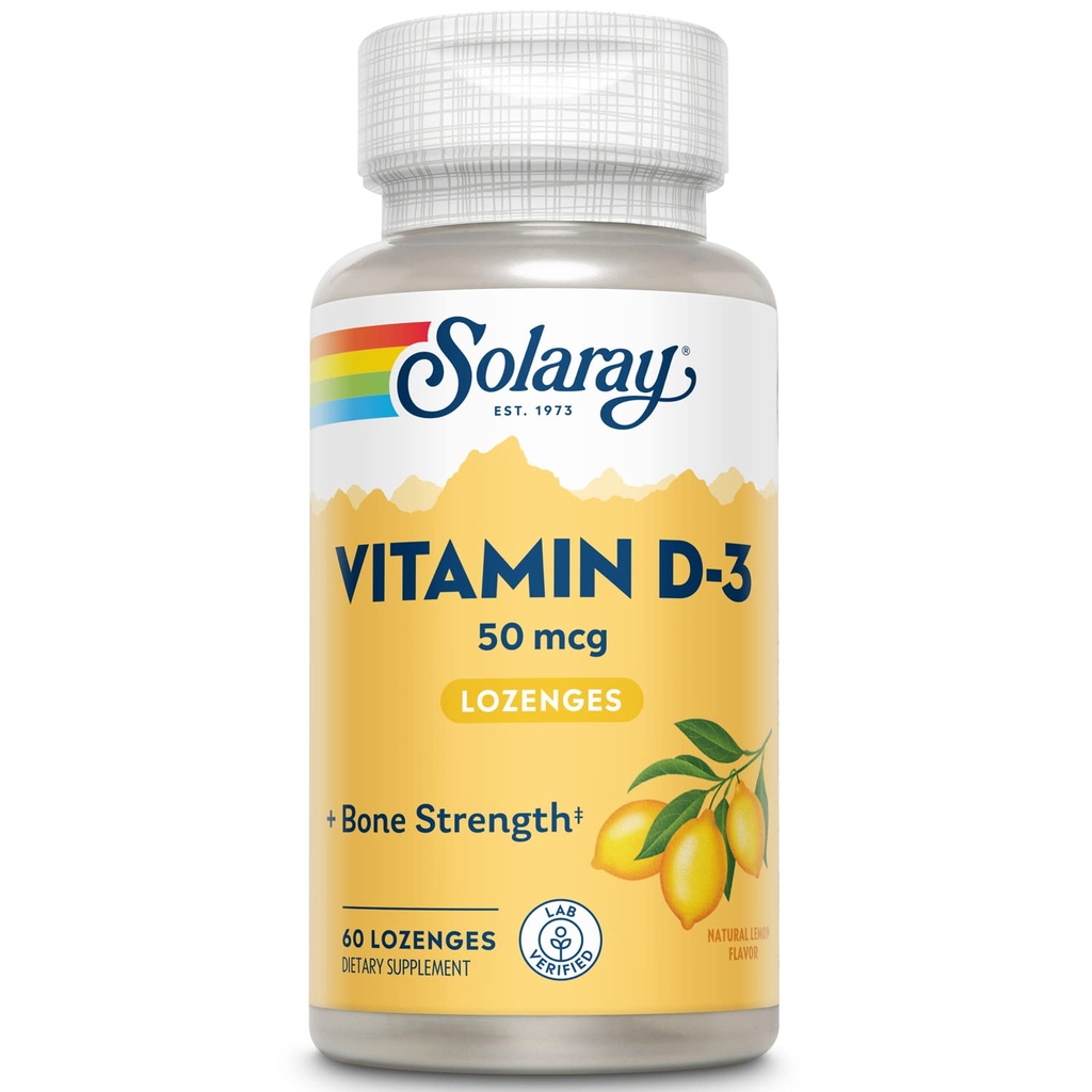 SOLARAY Vitamine D3 Lozenges 50mcg - 2000IU D3 Vitamine - Sterke Bones, Spier en Immuun Ondersteuning - Natuurlijke Citroen Smaak - Lab geverifieerd, 60-Dag garantie - 60 Serven, 60 Lozen