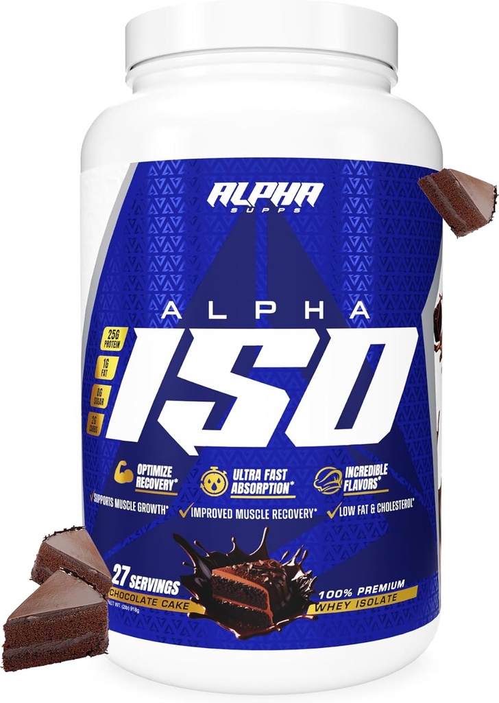 Alpha Supps ISO, Low Carb 100% Wei Protein Isolaat Poeder, 25 Gram per portie, helpt ondersteunen spiergroei, lage suiker en glutenvrij (chocoladecake, 2 lb)