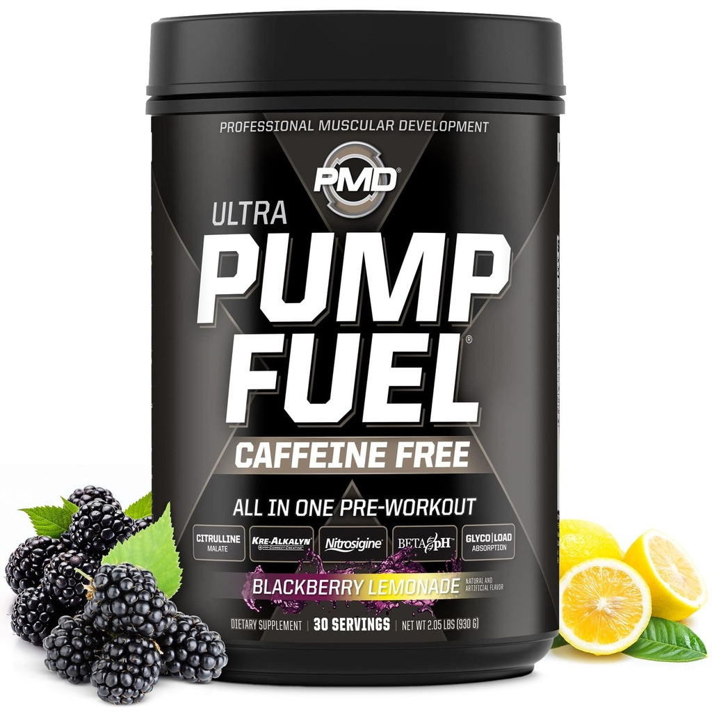 PMD Sports Pump Fuel Ultra Cafeïne Gratis - Premium Pre-workout Poeder & Muscle Pump, Grotere Focus, Endurance & Recovery, Premium Creatine, Arginine & Beta Alanine - BlackBerry Limonade (30 Servers)