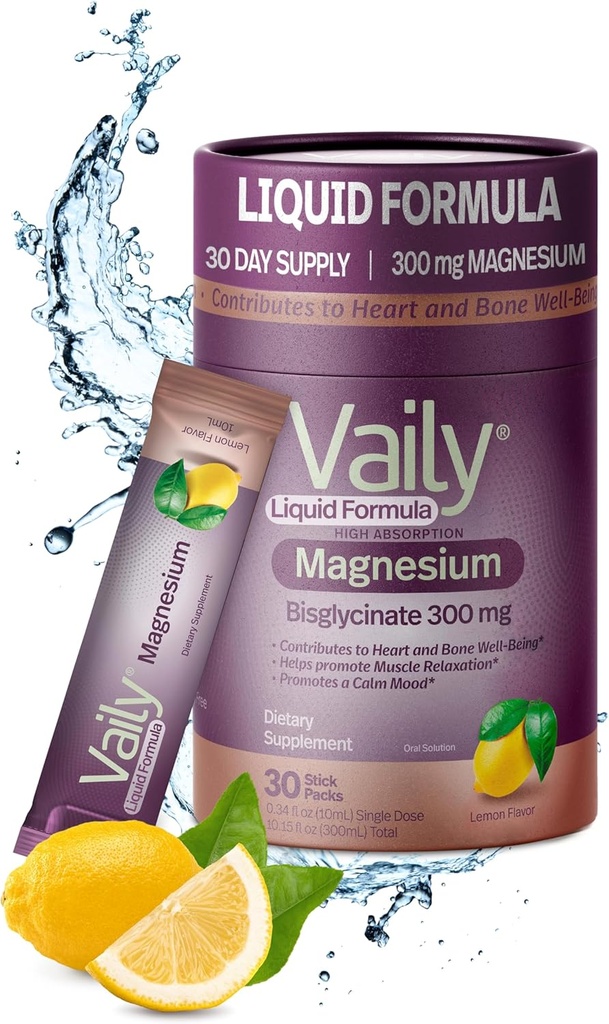 Vaily® Liquid Magnesium Supplement 300 mg - Enhanced Absorptie, Hart & Bone Health - Helpt kalme rustgevende slaap - Liquid Magnesium Bisglycinaat voor volwassenen - Citroensmaak, 30PK