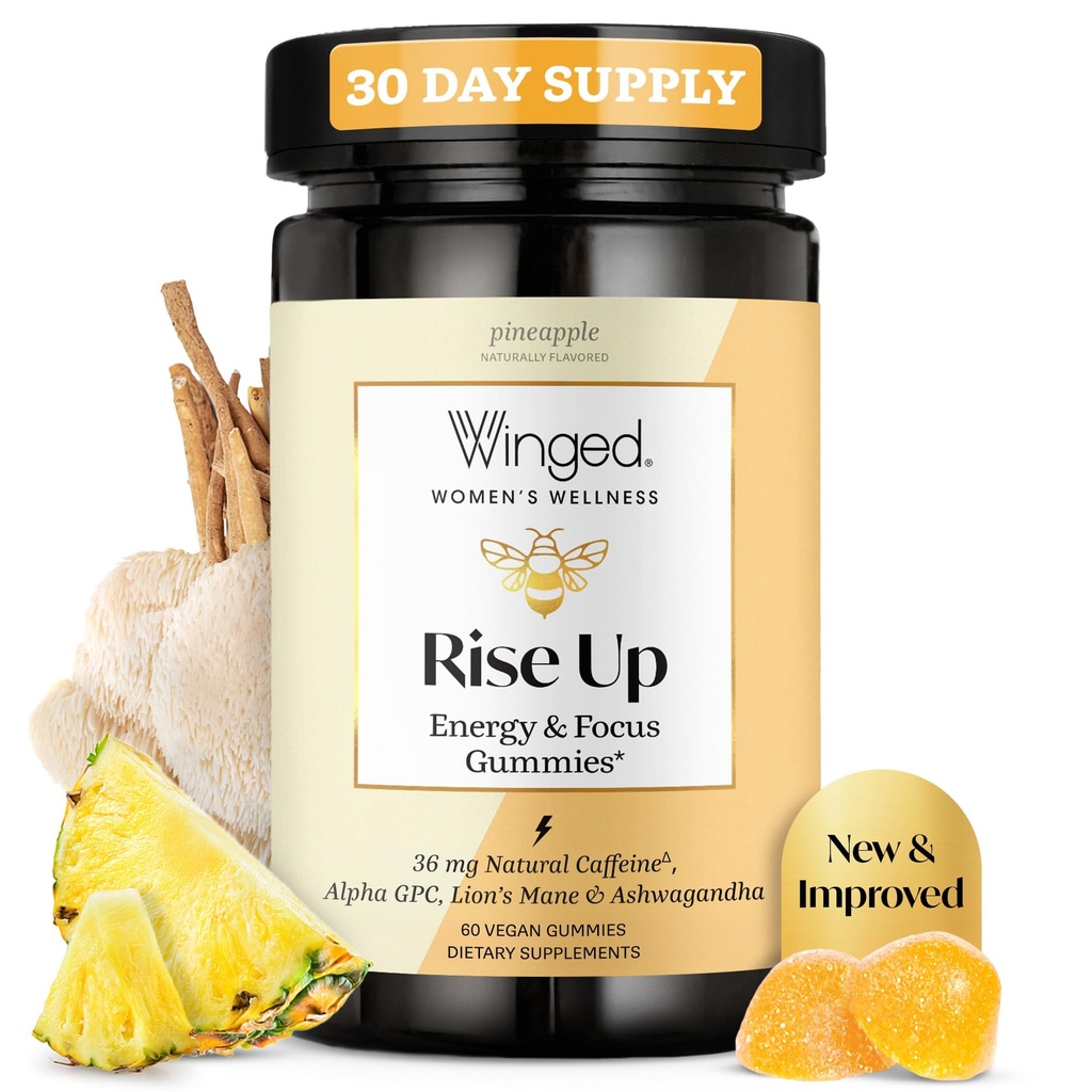 Winged Wellness Rise Up, Energy & Focus Gummies for Women - Daily Brain Boost Gummy Supplement with Natural Cafeine, Ashwagandha, B12, Nootropics Alpha-GPC & Lion