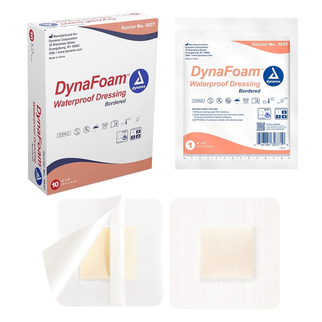 Dynarex Dynafoam Waterproof Bordered Lijm Foam Wound Dressing Bandage, 4" x 4," 10 Tellen