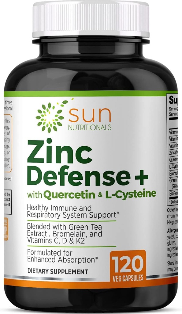 Zinkdefense+ met quercetine, bromelaïne, L-cysteïne, EGCG (Groene theeextract), Vitaminen C, D3 & K2, 2-maandvoorraad, 120 VCaps, Non-GMO, Glutenvrij