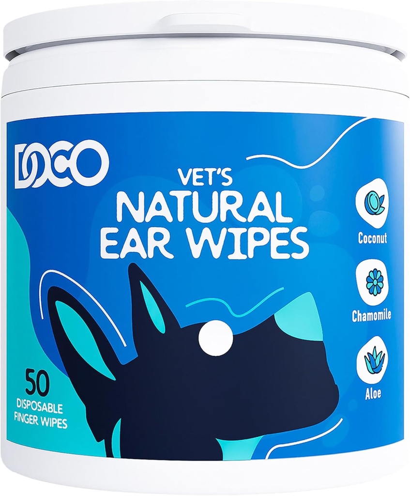 DOCO Hondenoor Cleaner Wipes Finger Cleaning Kit voor honden & katten Eucalyptus, kamille & Aloe Cat Ear Cleaner Soothes, Deodorizes & Helpt Itchy Ears (50 Tel.)