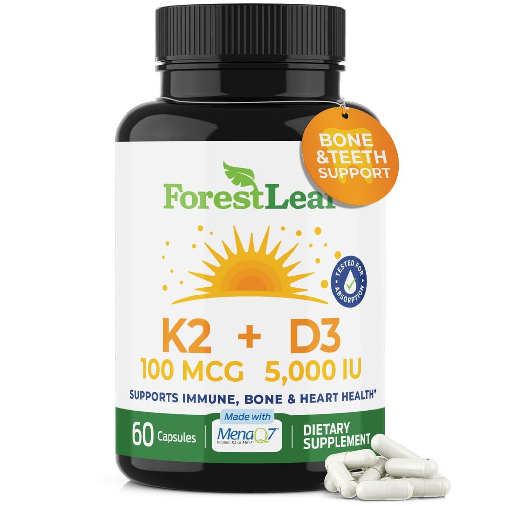 ForestLeaf Vitamin D3 + K2 (MK7) Supplement - MenaQ7 - Calcium en vitamine D3 5000 IE Max Absorptie - Tanden en botsterkte, Hartgezondheid, Immuunsysteem Ondersteuning - 60 Veggie Capsules